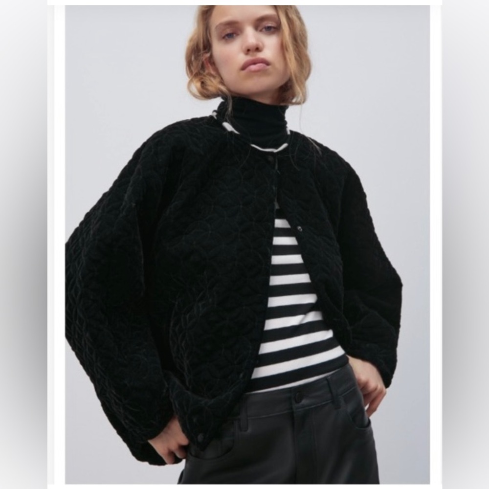 Zara black quilted velvet bomber jacket